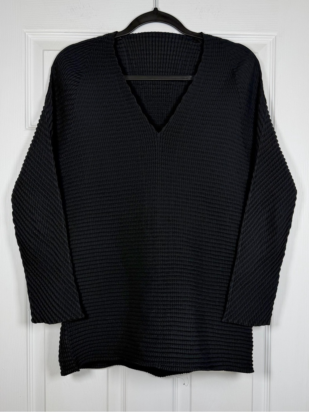 Issey Miyake Size 3 • Black Pleated V Neck Top.